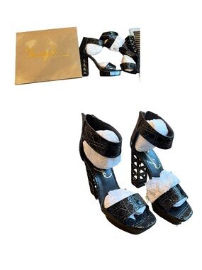 Privileged “Rea Black” Croc-Embossed Platform Sandals with Lattice Block Heel